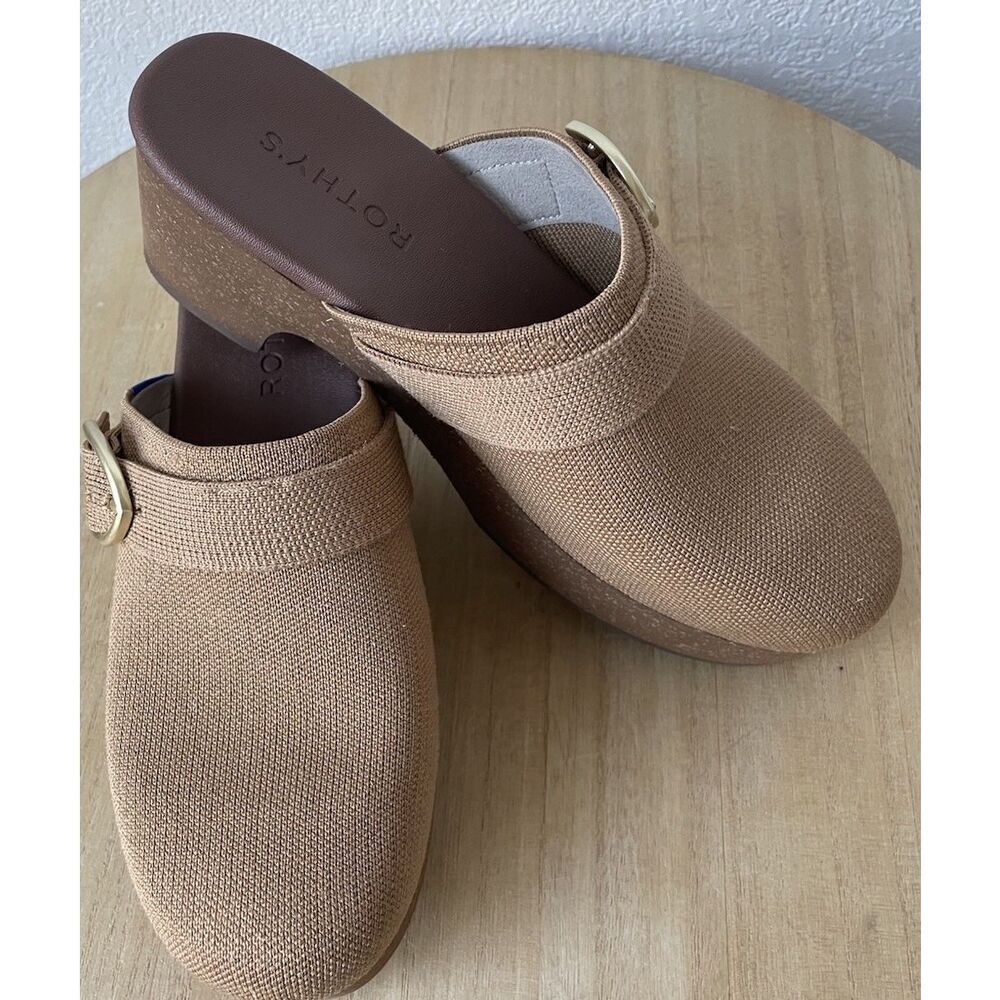 Rothy's The Buckle Clog Wren Boucle Tan Camel Women's Size 9.5 Mule Wedge Shoes - Picture 6 of 7